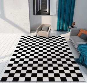 Black & White Checkered Carpet Modern Large Bedroom Area Rug Floor Mat Door - Picture 1 of 25