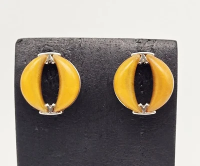 VTG Sterling Silver Amber Yellow Enamel Post Earrings Modernist Oval – 6.3g - Image 1 of 4