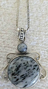 Sterling Silver Pendant-Mottled Chalcedony or Larvikite Stone-1.5inch x 1.5 inch - Picture 1 of 7