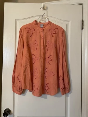 Blusa Chico’s Lino Corte Bordada Top Caracola Coral Talla 3 (16) XL Boho Nueva con Etiquetas Foto 1 de 4