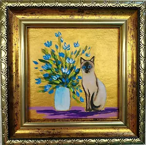 Siamese cat Painting Framed original art Сat near a vase with flowers hand paint - Picture 1 of 10