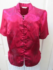 Marks & Spencer Ladies Blouse Cheongsam Size 12 Red Satin Floral Oriental Vtg - Picture 1 of 4