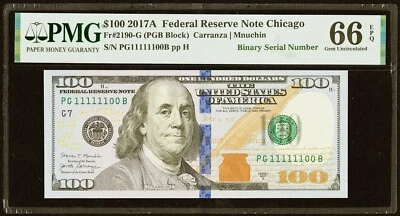 $100 2017A  Federal Reserve Note Chicago “ Binary Number “ PMG Gem Uncirculated - Image 1 of 3