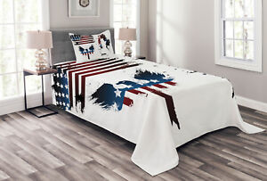 American Flag Quilted Bedspread & Pillow Shams Set, Eagle and Stripe Print