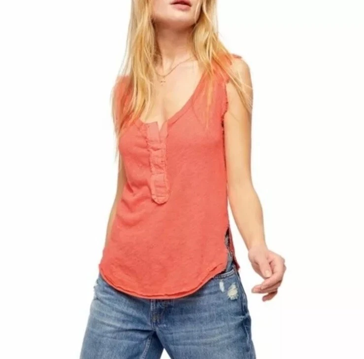 Camiseta sin mangas We The Free People Vacay Pixie lino naranja 1/4 botón talla XS Foto 1 de 4