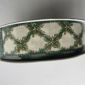 Kirkland Wire Edge IVORY Ribbon GREEN PINE 50 Yard Christmas Decor Bow Gift 1.5" - Picture 1 of 6