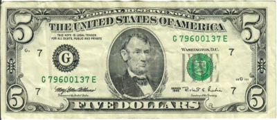 1995 5$ FRN - Small portrait w/ security thread - MEW/RER G79600137E - #15333 - Image 1 of 2