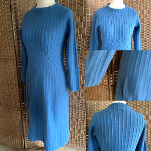 HANDKNIT Blue WOOL Fitted MIDI Jumper Dress UK 10 L44” STRETCH Ribbed ARTY