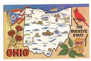 OHIO MAP Città BUCKEYE Simboli di Stato Bandiera Prodotti Cardinali OH Cartolina - Foto 1 di 2