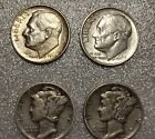 Menge 4 Münzen 1964 & vor Silber Quecksilber und Roosevelt Dimes 