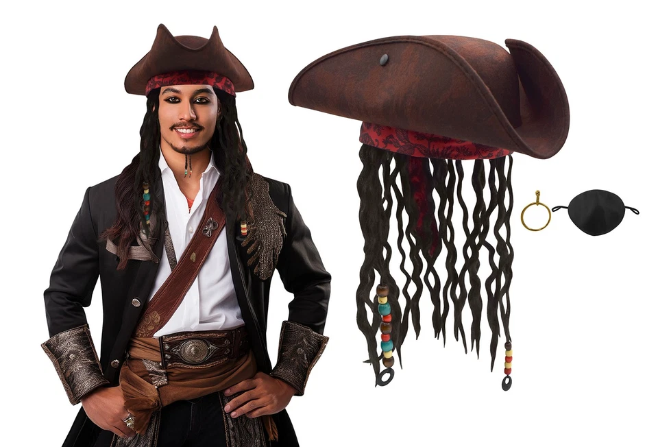 Buccaneer Caribbean Tricorn Pirate Hat Dreadlocks Hair Earring Eye Patch Set