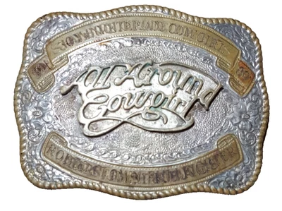 Антикварная винтажная пряжка для ремня Crumrine Rodeo вестерн ALL AROUND COWGIRL 4,25 дюйма x 3 дюйма - Изображение 1 из 3