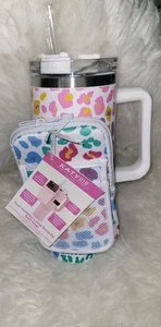 Katy Did Pastel Leopard Printed Stainless Steel Tumbler 40 oz w Zipper Pouch New - Picture 1 of 6