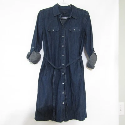 Talbots Denim Shirt Dress Size 10P Button front Roll tab sleeves Dark blue wash - Image 1 of 4