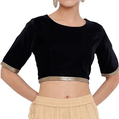 Blusa Sari de Terciopelo para Mujer con Encaje Diseñador Preparada Cosida Choli Crop Top Foto 1 de 3