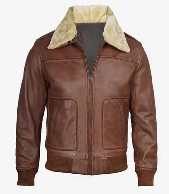 Men's New Moto Biker Bomber Real Sheepskin Fur Collar Cognac Leather Jacket - Image 1 of 4