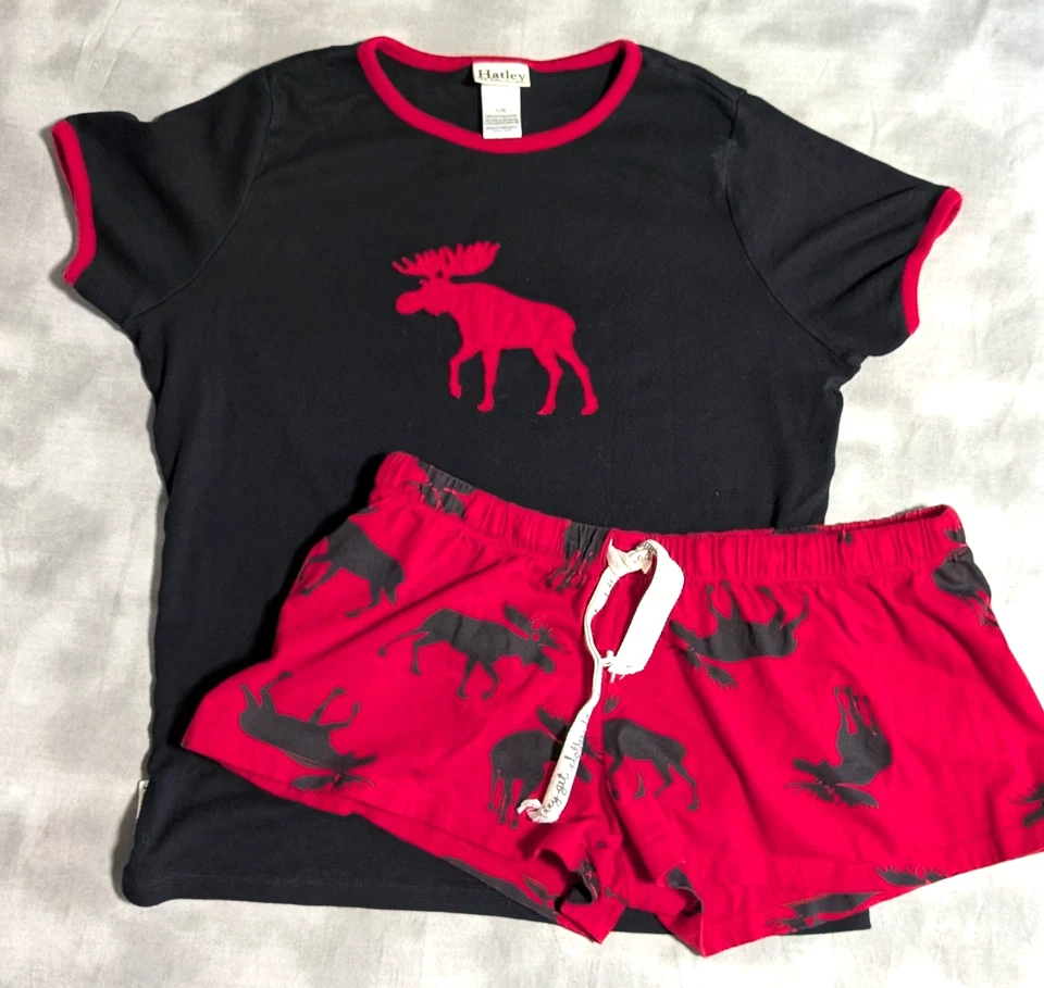 Conjunto de pijama Hatley top y pantalones cortos rojo alce negro salón pijamas algodón mujer L Foto 1 de 4
