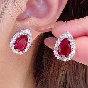 New Charm Waterdrop Red Corundum Gemstone Luxury Women Girl Silver Stud Earring - Picture 1 of 6