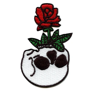 Rose In Skull Flower Pot Iron On Embroidered Patch - Picture 1 of 2