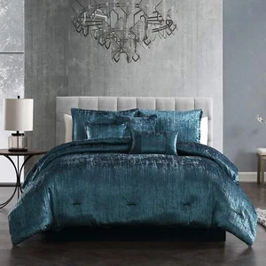 Juego de 7 edredones de terciopelo arrugado azul liso Queen King glam elegante ropa de cama - Imagen 1 de 3