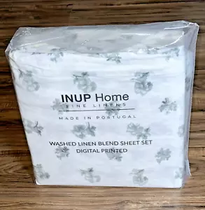 INUP Home Portugal Queen Sheet Set Washed Linen Blend Farmhouse Floral Bouquet - Picture 1 of 2