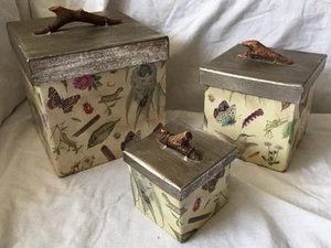 Nested Boxes Set 3 Keepsake Gift Storage Nesting Boxes Birds Flowers Tin Lids - Picture 1 of 12