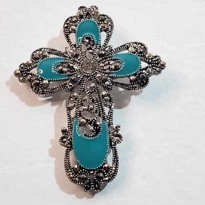 Broche Prendedor Colgante Cruz Religioso Esmalte Metal Texturizado Tono Peltre Foto 1 de 3