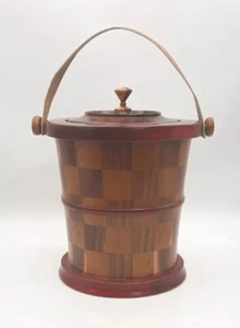 Vintage Wooden Butcher Block Ice Bucket Handmade Barware Leather Strap OOAK - Picture 1 of 14