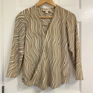 Michael Kors Bluse Creme Gold Kettenglieder Print V-Ausschnitt Wickeloptik vorne Stretch Gr. S - Bild 1 von 16