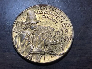 1930 USA MASSACHUSETTS BAY COLONY Pilgrim Fish ANTIQUE Vintage Medal Metal COIN - Picture 1 of 4