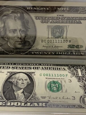 1999/1995 $20&1 BINARY RADAR Match Notes  Number 00111100 UNC 99.57% Super Rare！ - Image 1 of 4