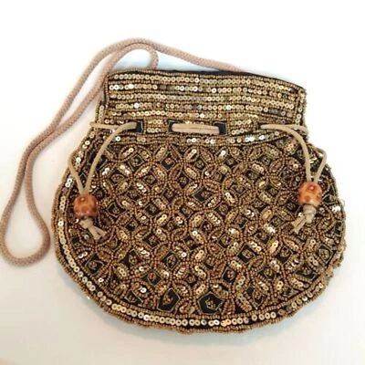 Potli Pouch Drawstring Lined Bag Purse Satchel Sequins Black Gold  - Image 1 of 4