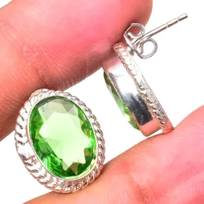Green Peridot Gemstone 925 Sterling Silver Women Simple Stud Earrings - Image 1 of 4