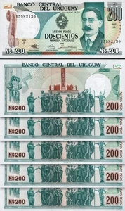 Uruguay 200 Nuevos Pesos 1986, UNC, 5 Pcs LOT, Consecutive, P-66, Serie A - Picture 1 of 4