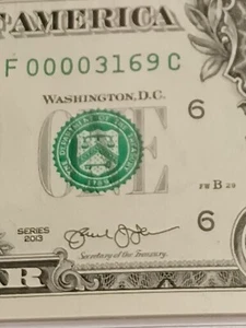 2013 $1 F ATLANTA BEP F-C BLOCK LOW SERIAL NUMBERS 4 ZEROS IN FRONT (F00003169C) - Picture 1 of 8