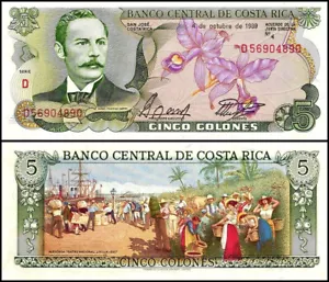 COSTA RICA 5 COLONES 1989 UNC NATIONAL THEATRE,PORTRAIT OF RAFAEL IGLESIAS CASTR - Picture 1 of 1