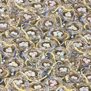 Ribbons and Eggs all over Bird Nests with blue and yellow vintage cotton fabric - Picture 1 of 6
