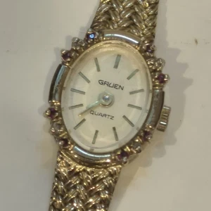 Vtg Gruen Ladies Ruby/Diamond Gold Toned Cocktail Watch Quartz Needs Battery - Picture 1 of 5