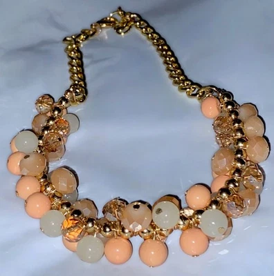 "Collar babero tono dorado con cuentas gruesas de cristal tallado + cristal melocotón y crema 19""" Foto 1 de 4