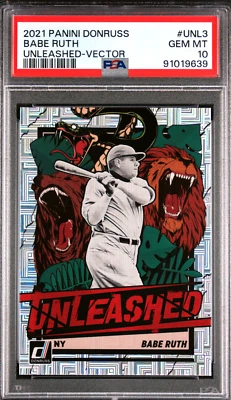 2021 PANINI DONRUSS BABE RUTH #UNL-3 UNLEASHED VECTOR PRIZM PSA 10 GEM POP 5 - Image 1 of 2