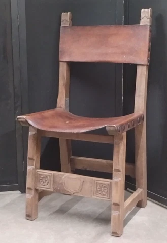 Antique 19th C Spanish Carved Oak & Leather Side Chair w/ Brass Nailhead Details Cover