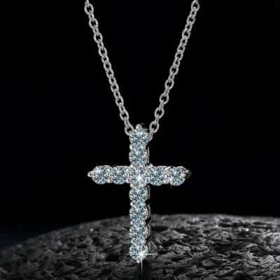 3mm 1.1Cttw D GRA Moissanite Cross Pendant Necklace 925 Sterling Silver Chain - Image 1 of 4