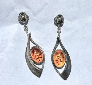 Vintage 0.5 inch Baltic Amber Stone Sterling Silver Dangle Earring Set - Picture 1 of 3