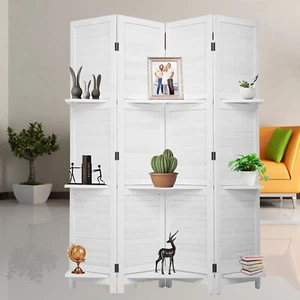 4 Panel Wooden Room Divider Folding Privacy Screen With 3 Clever Shelf Windowles - Picture 1 of 10