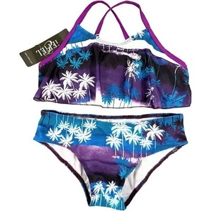 iEFiEL Girls Med Tankini Swimsuit Tropical Palm Flounce Top Brief Blue Purple - Picture 1 of 13