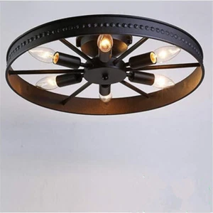 Industrial Ceiling Light Wrought Iron Wheel Lighting 6-Light Chandelier Fixture - Picture 1 of 10