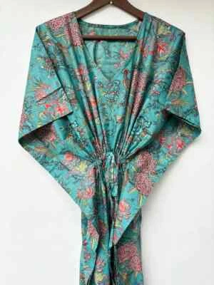 Maxi Vestido Caftán Playa Larga 100% Algodón Indio Vintage Talla Única Caftán Kimono Foto 1 de 4