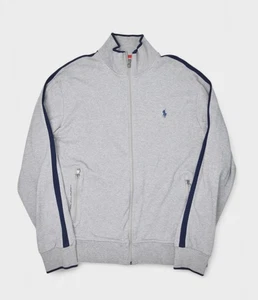 Polo Ralph Lauren Jacket Mens Large Grey Track Warm Up Striped Full Zip Pony - Picture 1 of 8
