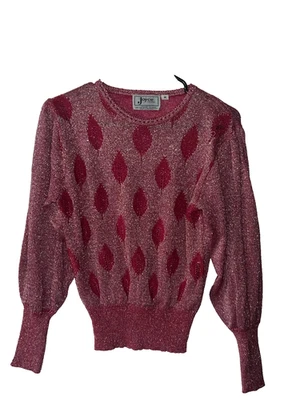 复古粉色叶子印花亮光长袖毛衣 M 码圆领裁剪 — 第 1/4 张图片