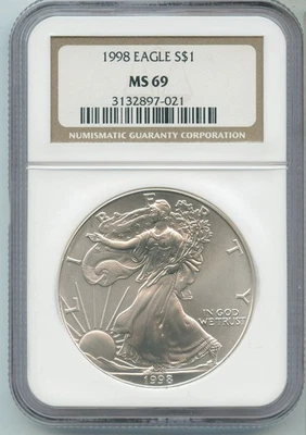 1998 Argento Aquila 1 Oncia NGC MS69 Moneta Certificato - RK703 - Immagine 1 di 2